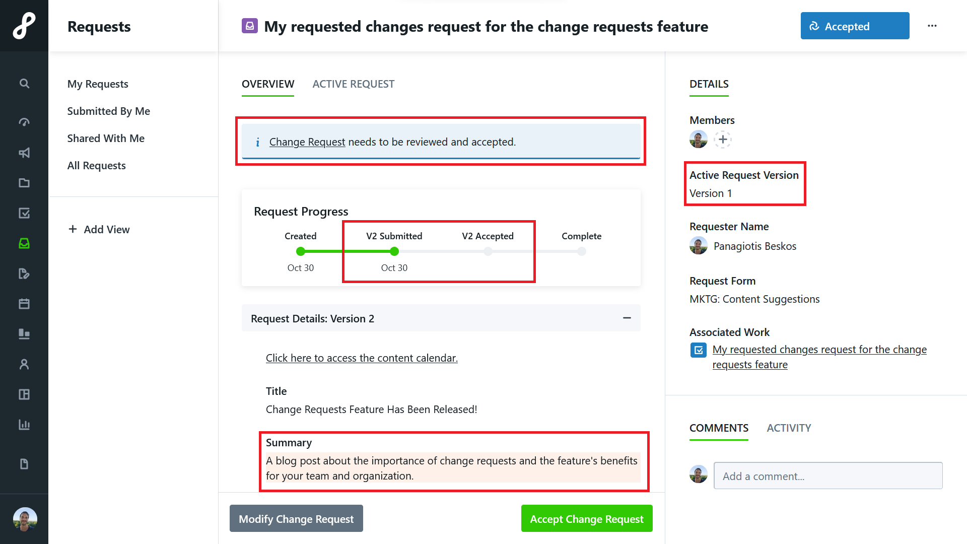 4. Change Requests Feature Change Request Saved