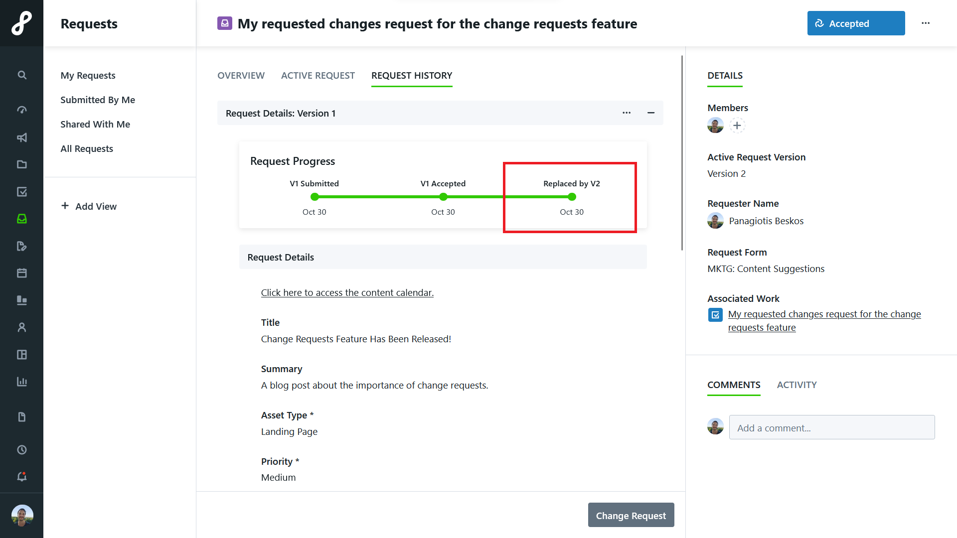 8. Change Requests Feature Version History V1