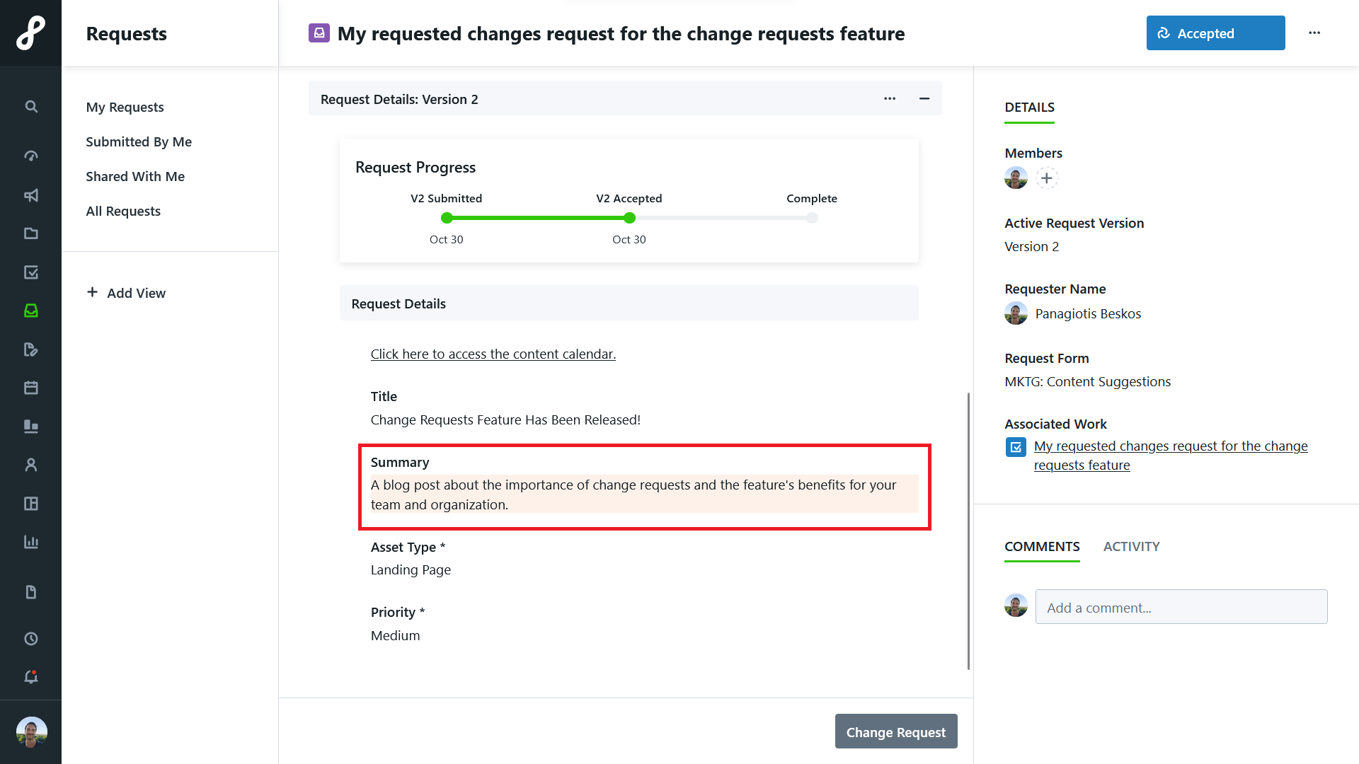 9. Change Requests Feature Version History V2